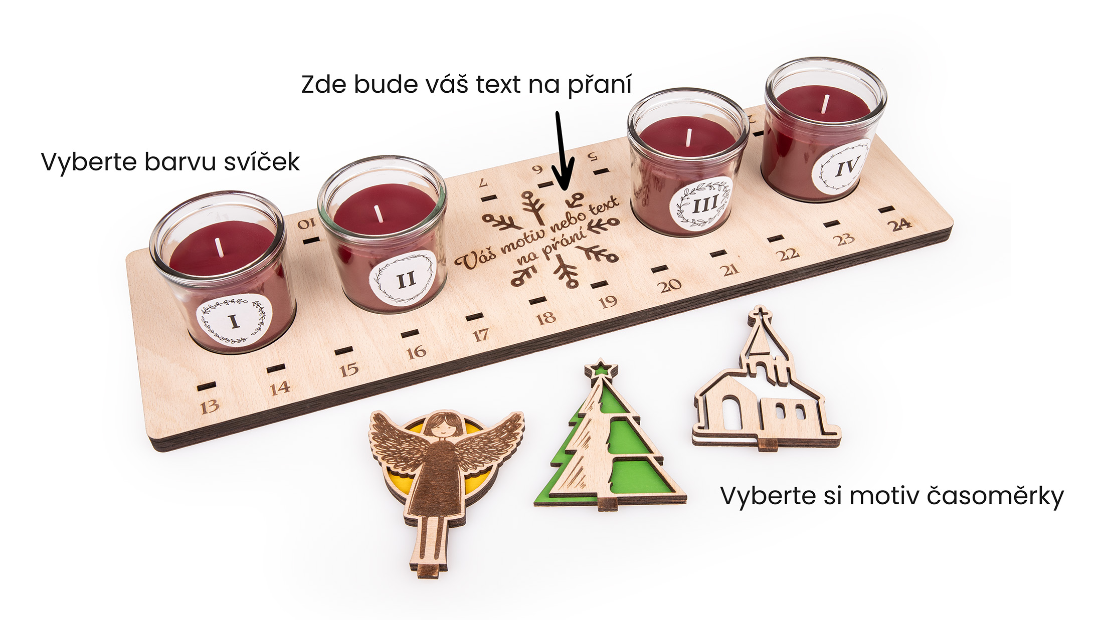 Adventní svícen s vaším motivem, kalendářem a časoměrkou